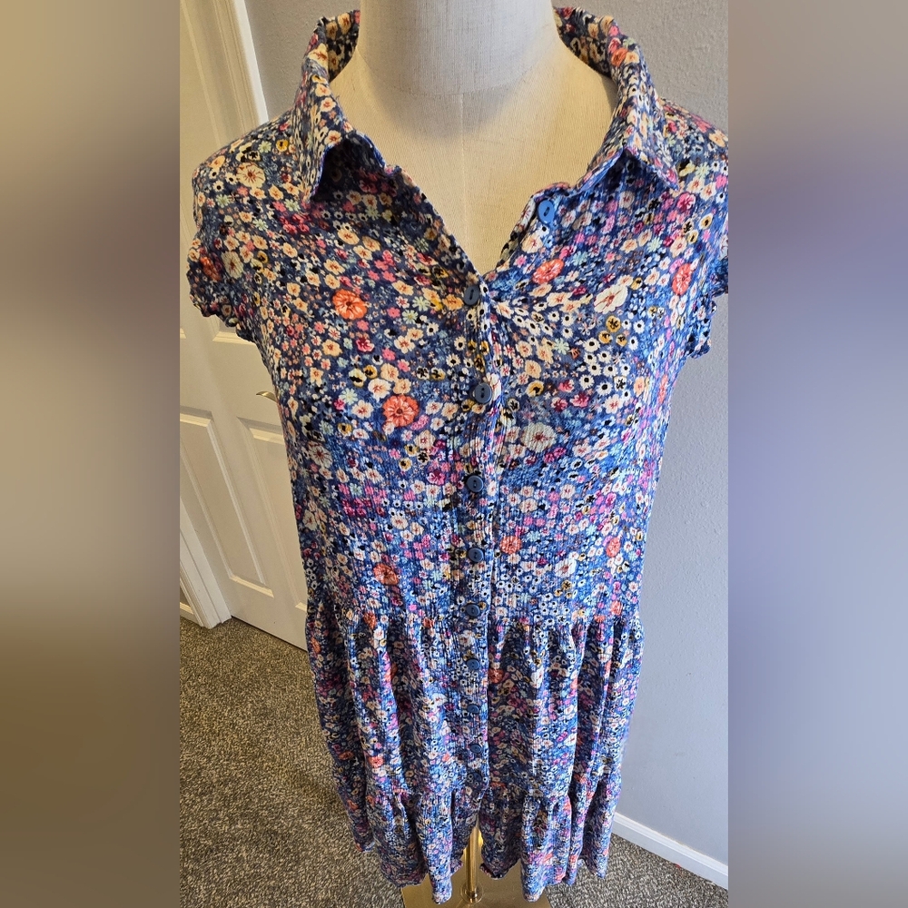 ESQUALO Blue Floral Button-Up Shirt Dress
